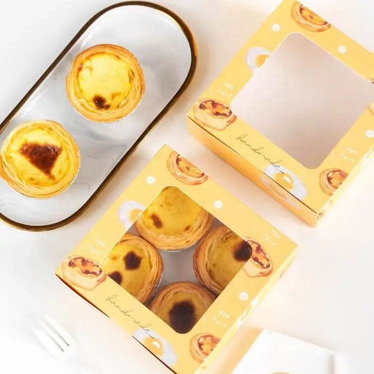 Boîte de tarte aux œufs carrée avec fenêtre, 100 pièces, papier jetable mignon en forme de cœur, de couleur jaune, emballage à emporter par 4 cellules Top fenêtre