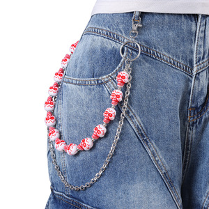 yueli Red White <b>Skull</b> Beaded Waist Chain Metal Double Layer Pants Chain Hip Hop Style Fashion Body Chain Daily Wear Accessory - Product Image 1