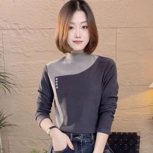 Women's High Neck Long Sleeve Knit Top Color Blocking Splicing Soft Warm Autumn Winter Casual T-Shirt Red Black Coffee Gray - Product Image 2