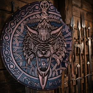 Bouclier Viking usé par le combat, décoration murale, loup Fenrir sculpté en bois - Product Image 5