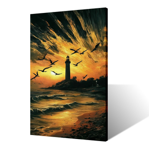 Faro costiero stampa pittura arte della parete con gabbiani che volano sopra la spiaggia del tramonto paesaggio decorazioni murali - Product Image 4
