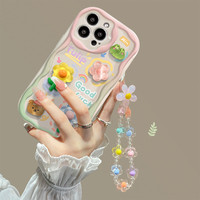 Coque de téléphone 3D motif vague crème et fleur avec chaîne pour iPhone 7 8 Plus XS XR 11 12 13 14 15 16 Pro Max