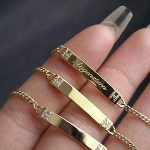 Xinfly Classic <b>Men</b> and Women Pure Solid 18k Gold Custom Fine Jewelry Blank Sideways Engraved Letter Bar Cuban Link Bracelet - Product Image 3