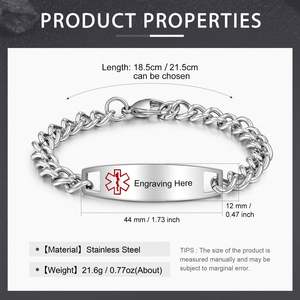 Pulsera de Identificación Médica para Hombre de Acero Inoxidable, Grabada, con Cadena Ajustable, Placa Curva Negra, <span class=keywords><strong>Tipo</strong></span> <span class=keywords><strong>1</strong></span> - Product Image 4