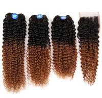 Cheveux Remy humains 1B/BUG # Afro Kinky Curly Bundles de cheveux avec fermeture 16 ''18" 20 "Armure de cheveux synthétiques Double trame