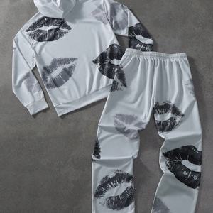 Conjunto de Sudadera con Capucha y Pantalones Deportivos Personalizados con Estampado Gráfico del Alfabeto Hip Hop, Estilo Urbano, Casual, Holgado, para Otoño - Product Image 3