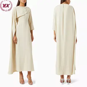 Latest Elegant Islamic Clothing Modest Abaya Dresses Embellished Cape Kaftan Round Neckline Arabic Abaya Dubai