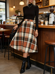 กระโปรงทรงเอพลัสไซส์ลายตารางสไตล์วินเทจสำหรับฤดูใบไม้ผลิ ฤดูใบไม้ร่วง ฤดูหนาว เอวธรรมชาติ ทรงบานพลิ้วสำหรับผู้หญิง - Product Image 5