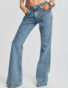 Großhandel Acid Washed Stone Faded Damen Jeans Hosen Strass Denim Baggy Jeans Lady Custom Cotton Damen Jeans - Product Image 1