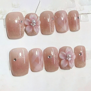 Uñas Postizas de Almendra con Diseño Floral 3D de Lujo y <span class=keywords><strong>Punta</strong></span> Francesa para Boda, Uñas Artificiales al por Mayor, Venta Caliente a Granel - Product Image 4