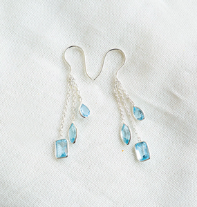 Pendientes colgantes Ocean Breeze Triple Drop con topacio azul y plata 925, estilo moderno, en venta. - Product Image 2