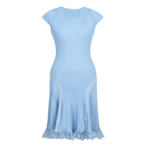 2025 estivo nuova moda lavorato a <span class=keywords><strong>maglia</strong></span> a manica corta abito corto <span class=keywords><strong>in</strong></span> pizzo floreale abiti Casual blu Slim - Product Image 6