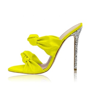 Custom Women's Double Knot Straps Outdoor High Heels Mules Stiletto Satin Spring Summer Pumps Bling Glitter Thin Heel <b>Shoes</b> - Product Image 1