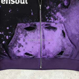 Felpa con Cappuccio OEM Hip Hop Casual Personalizzata, Effetto Lavaggio Acido, Taglio Corto e Squadrato, con Zip e Logo Stampato, Finitura Spray per Uomo - Product Image 3