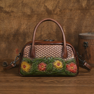 Ando <b>Bag</b> Genuine <b>Leather</b> Handbag Women Vintage Floral Embossed <b>Small</b> Top Handle <b>Crossbody</b> <b>Bag</b> - Product Image 2