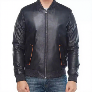 <b>Mens</b> Real Navy <b>Leather</b> Bomber <b>Jacket</b> Orange Piping Pockets Ribbed Collar Zip Front Sheepskin Coat Custom Varsity Winter Outer - Product Image 1