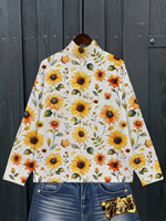 Pull en tricot à imprimé tournesol pour femme, col montant, manches longues, motif floral, blanc