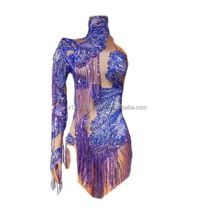 Traje <span class=keywords><strong>de</strong></span> actuación <span class=keywords><strong>de</strong></span> anillo colgante <span class=keywords><strong>de</strong></span> una pieza con borla apretada y sexy <span class=keywords><strong>de</strong></span> cuello alto <span class=keywords><strong>de</strong></span> malla <span class=keywords><strong>de</strong></span> diamante completo <span class=keywords><strong>de</strong></span> una manga - Product Image 1