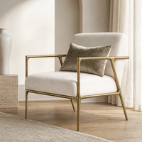 Fauteuil rembourré avec structure métallique ouverte, accoudoirs courbes, pieds effilés, chaise d'appoint en tissu lin pour coin lecture, crème