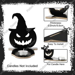 Portacandele in Legno a Tema Halloween con Zucca, <span class=keywords><strong>Strega</strong></span> e Fantasma Spaventoso per Casa Stregata di Putuo Decor - Product Image 2