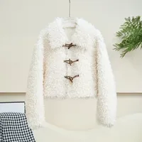 Nouvelle Veste Courte en Vraie Laine et Fourrure avec Doublure en Daim pour Femme, en Laine d'Agneau et Boutons en Corne, Modèle JT635