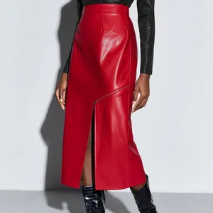 Hot Custom Make Sexy Tight Long Pink Women Genuine Leather Skirt with Slit