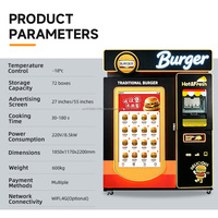 Distributeur automatique de hamburgers instantanés, sans attente, avec écran tactile, fonctionnement 24h/24 et 7j/7, et système de change de monnaie.