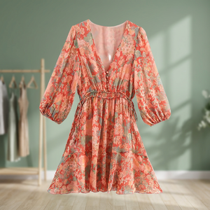 Autumn Vintage Casual Women's Flower Print Buttoned V-neck <b>Lantern</b> Sleeve <b>Mini</b> Dress - Product Image 2