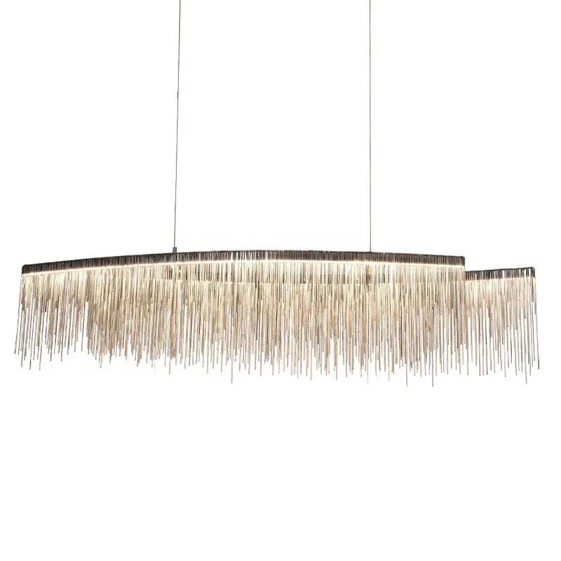 Contemporary modern indoor dining luxury slim rectangular silver decorative chain metal linear chandelier lamp pendant lighting