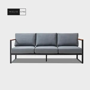 KD Aluminum Patio Metal Frame 3 Seater Sofa with Grey Cushions Garden Sofas Outdoor Furniture