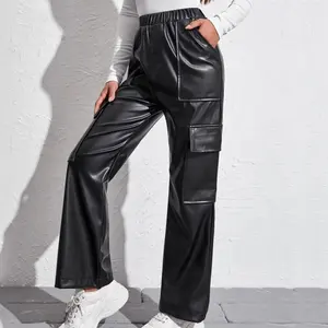 Pantaloni Cargo in pelle lucida da donna a vita alta con etichetta privata Casual Street Wear Lady 100% Pu