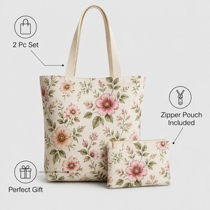 Bolsa de Mano de Lona con Estampado Floral y Bolsa de Maquillaje con Cierre, Juego de 2 Piezas, Bolsa de Compras para Mujer, Personalizable al por Mayor - Product Image 5