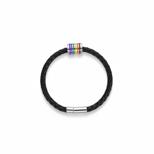 Leather Woven <b>Bracelet</b> Rainbow Color Block Stainless Steel Clasp Unisex Gift Jewelry Black And Brown - Product Image 3