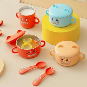 Ensemble de vaisselle pour enfants : <span class=keywords><strong>Assiette</strong></span>, bol à soupe et tasse en acier inoxydable avec motif de dessin animé mignon, cuillère et fourchette en PP durables et sûres - Product Image 3