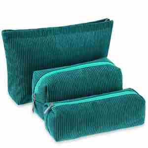 Juego de 3 Bolsas de Maquillaje Verdes - Neceser de Pana para Cosméticos, Organizador de Artículos de Aseo para Viaje, con Base Plana - Product Image 1