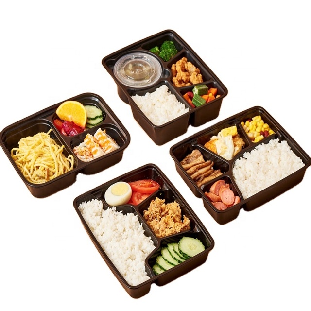 Eco Friendly Restaurant Black Rectangular Plastic pp Microwave 1 3 4 5 Divided Disposal Food Takeawway Container