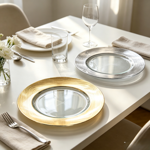 Assiettes de présentation en verre brossé or et argent à bord large, texture gaufrée, assiettes décoratives en verre transparent pour table de mariage, vente en gros - Product Image 4