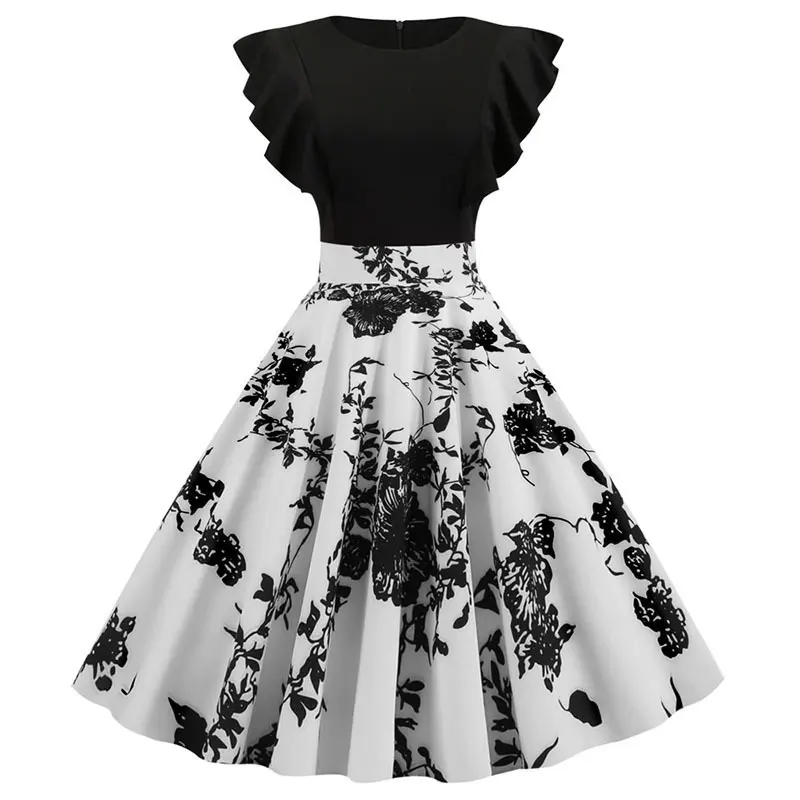 Black White Patchwork Floral Print Summer Dress Women 2022 Petal Sleeve Vintage Dress Robe Casual Rockabilly Party Vestidos