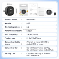 Kit Carlink Mini Ultra5, Adaptador Inalámbrico de Doble Canal para Carplay y Android Auto, Dongle USB para Reproductor de Coche, Compatible con el 98% de los Coches, Caja con IA