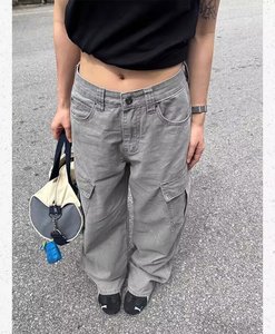 Pantaloni <span class=keywords><strong>Cargo</strong></span> da <span class=keywords><strong>donna</strong></span> con grande tasca a vita alta da <span class=keywords><strong>donna</strong></span> larghi pantaloni di jeans lavati Casual da <span class=keywords><strong>donna</strong></span> - Product Image 3