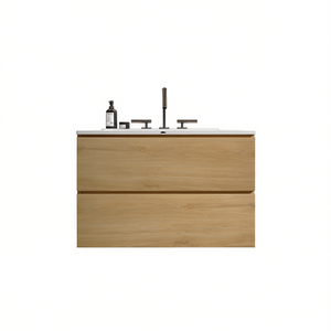 Meuble-lavabo mural moderne de 30 pouces en chêne naturel avec vasque en céramique et grand rangement, design flottant - Product Image 1