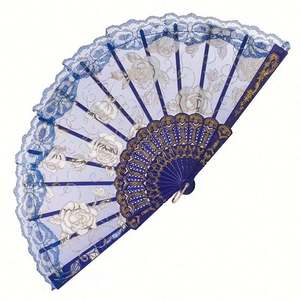 Abanico de mano plegable de plástico con diseño floral vintage de encaje español, ideal para cumpleaños de niñas, con forma de corazón, para el verano. - Product Image 3