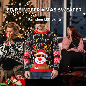 เสื้อกันหนาวคริสต์มาสลายกวางเรนเดียร์แบบมีไฟ LED สำหรับผู้ชาย พร้อมหลอดไฟในตัว ไม่หดตัว แขนยาว ถักนิตติ้ง 100% - Product Image 2