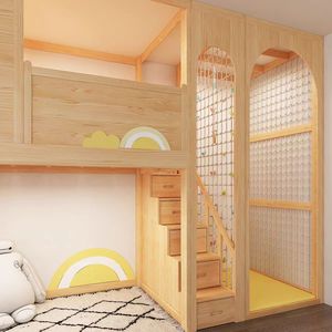 Lit superposé en bois massif à deux étages de style moderne JINS, avec garde-corps hauts, panneau de porte laqué, pour garçons, filles, chambre d'enfants - Product Image 5