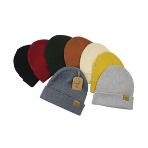 2024 Premium Merino Wool Cuffed Warm Beanie Knitted Hat Toque with Custom Logo Leather Patch for Men Women