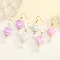 Boucles d'oreilles en perles avec crochets en acier inoxydable, motif couronne et cœur, colorées, ajourées, mignonnes, romantiques, douces, polyvalentes, adaptées à toutes les tenues, bijoux de mode