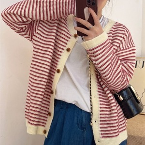 Pull en tricot rayé haute qualité <span class=keywords><strong>Cardigan</strong></span> à manches longues col rond veste boutonnée rouge haut ample décontracté - Product Image 5