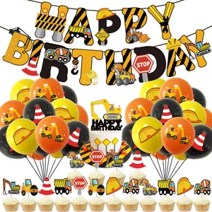 Gelukkige Verjaardag Banner Ballon Cupcake Toppers Verjaardagsfeestje Decoratiekits Hot Sale Engineering Voertuig Verjaardag Thema Banner