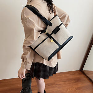 Sac cabas en toile beige et marron, style vintage, embellissement de serrure en métal, épaule/sac à main pour femme. - Product Image 5