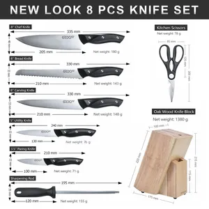 NEW LOOK 8 PCS Stainless Steel Kitchen Knife Set Ultra Sharp Full Tang Chef Knife Set With Wood Knife Block